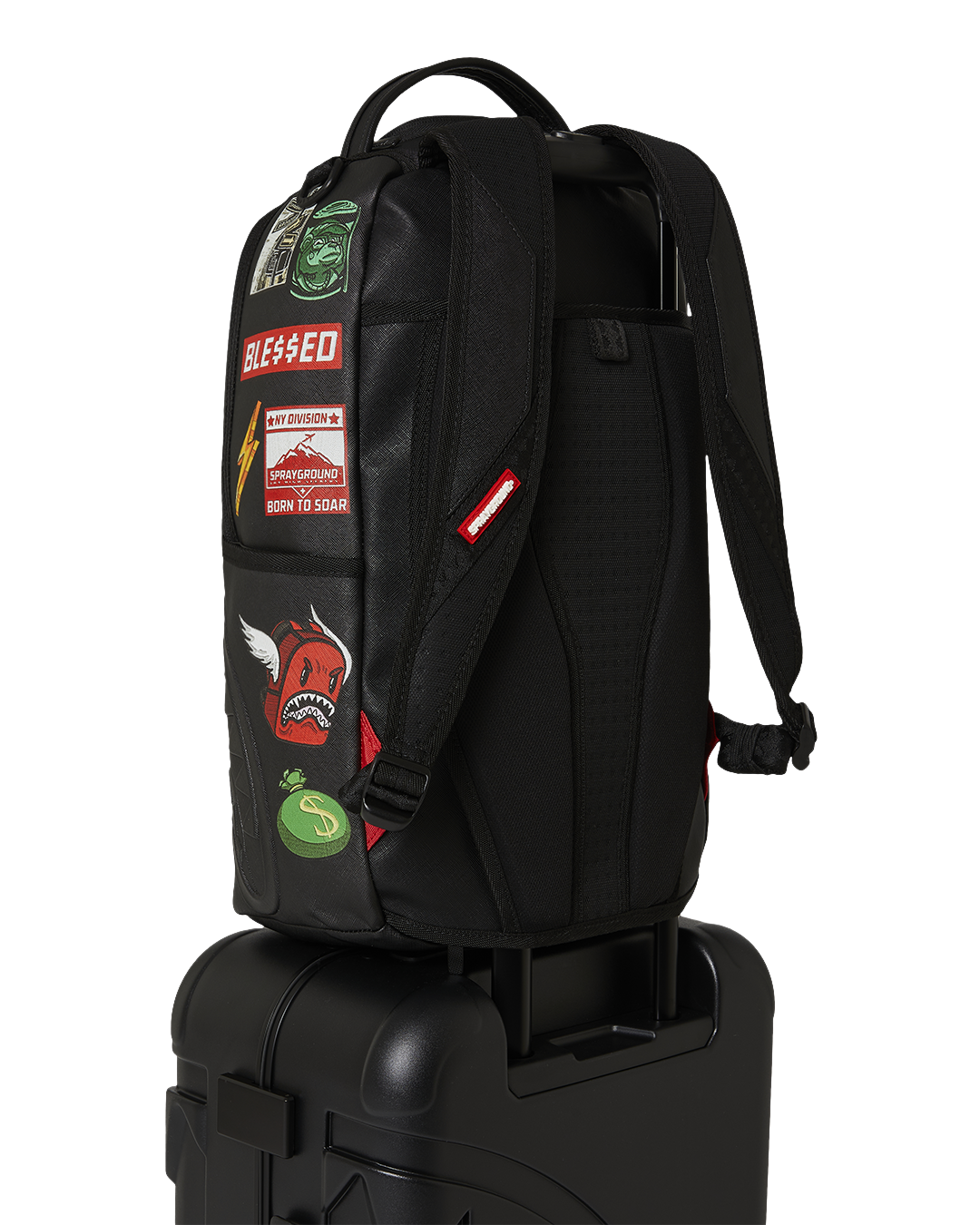 THE JOURNEY BEGINS SHARKITECTURE CARRY-ON LUGGAGE BLACK WITH EXTRA STICKERS
